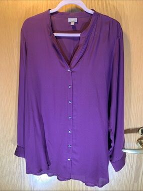 Eileen Fisher 100% Silk Plum Button-Front Long-Sleeve Shirt -Size L